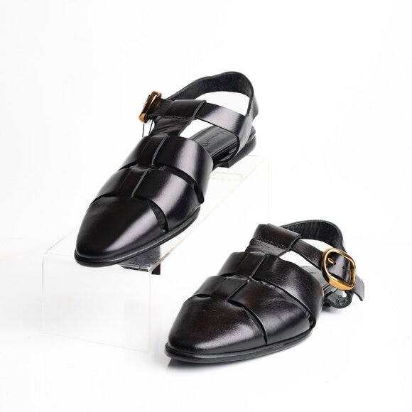 Massimo Dutti Leather Cage Sandals Flats Buckle EU 39 US 8 Black 1568/150 NWT - Picture 1 of 8
